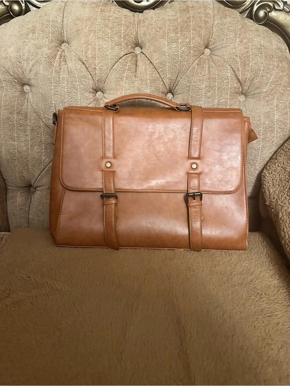 Classic Tan Leather Briefcase Messenger Bag for Men